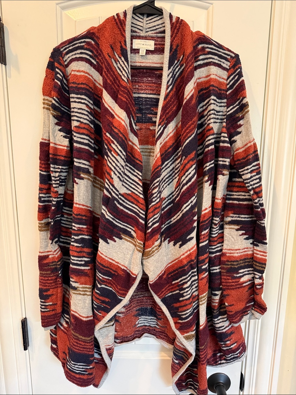 LUCKY BRAND Open-Front Striped Cardigan in Rust Burgundy Navy & Cream Size Large